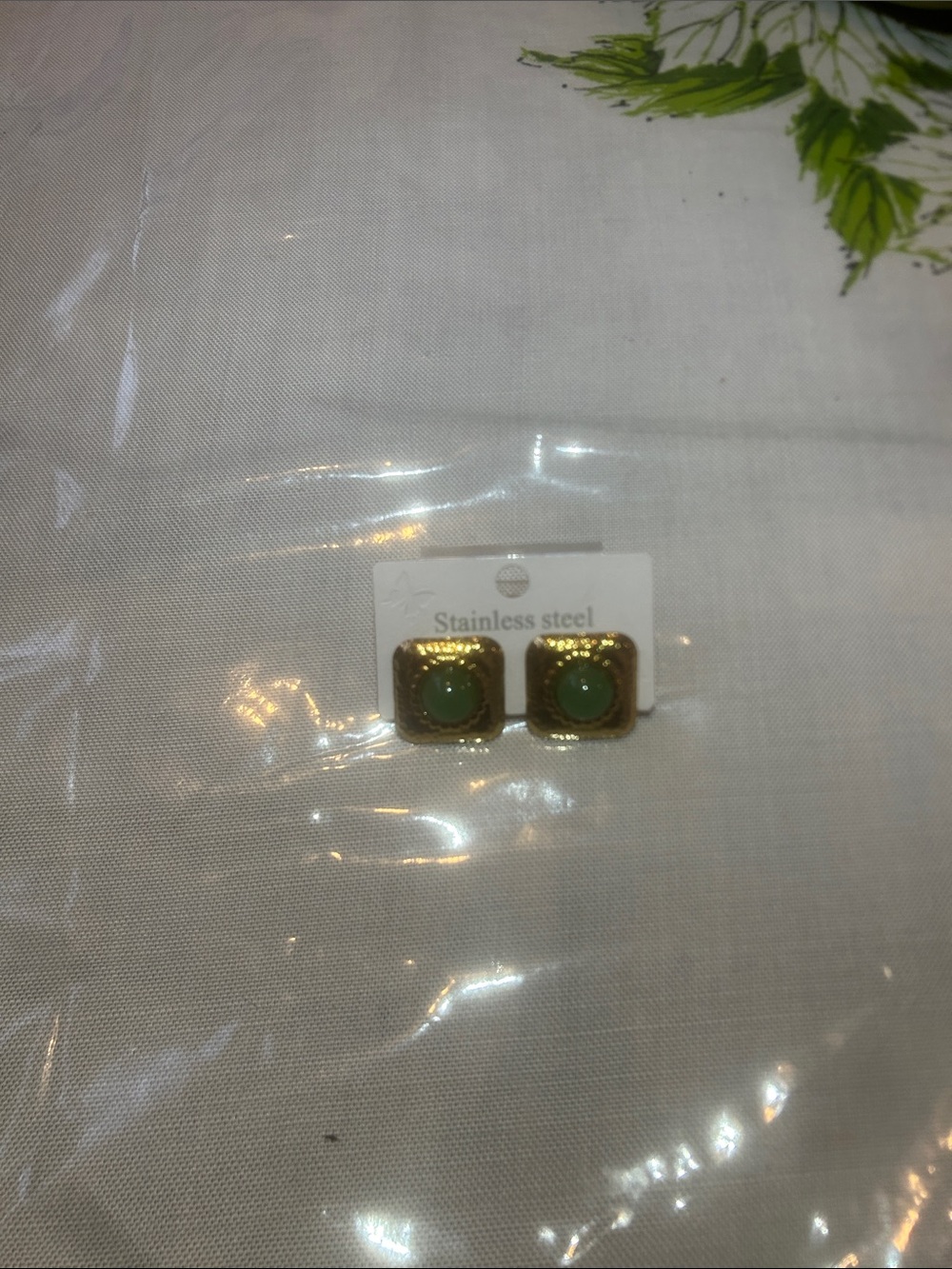 Gold-Tone Green Stone Square Stud Earrings - Stainless Steel